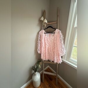 Chic Soul Pale Pink Floral Appliqué Peplum Blouse